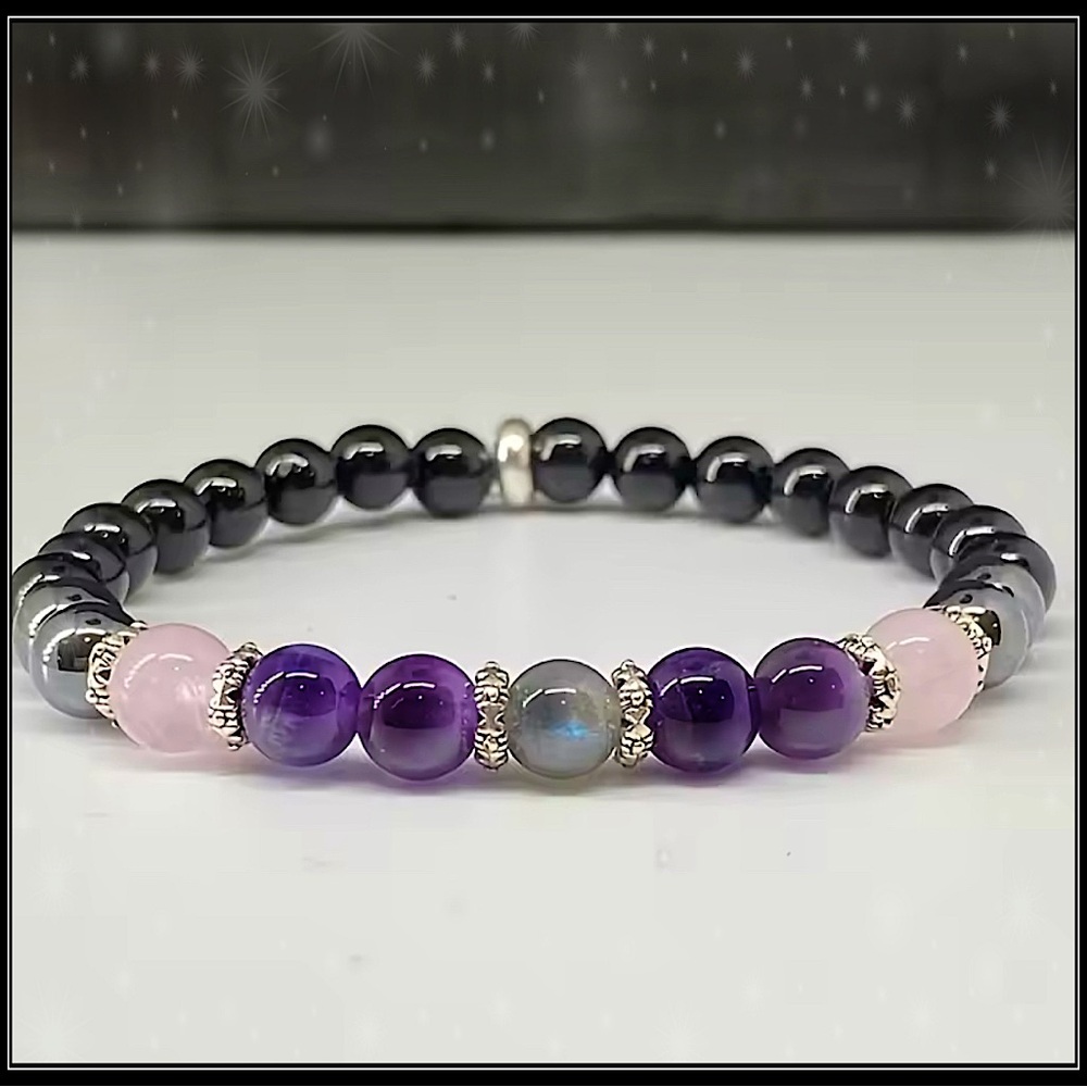 Clearance! NEW OBSIDIAN LABRADORITE ROSE QUARTZ YOGA MEDITATION BEADED BRACELET